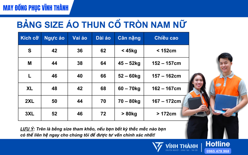 Bảng size áo thun đồng phục cổ tròn