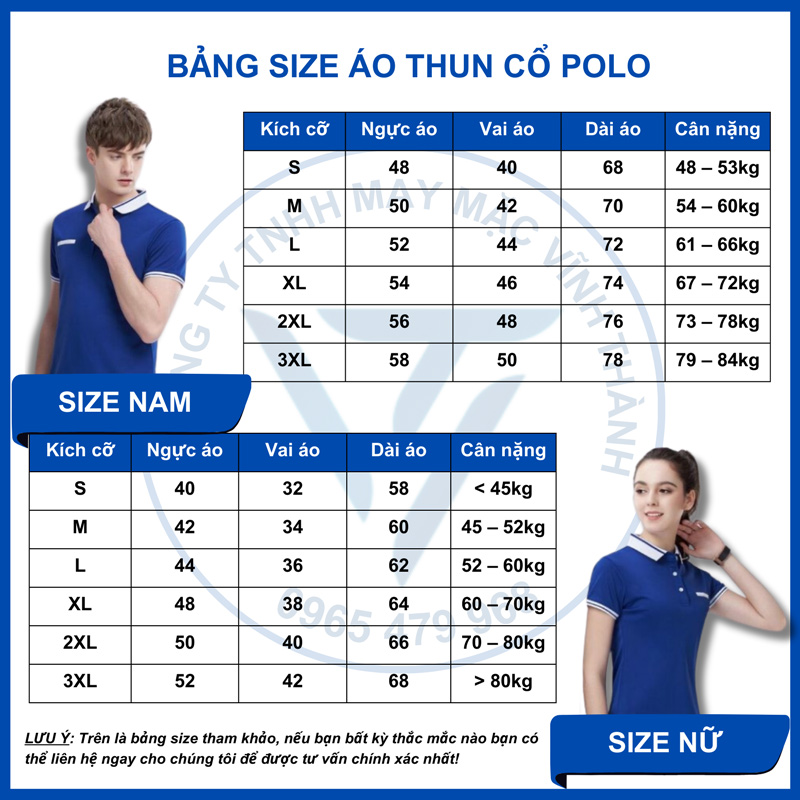 Bảng size áo thun đồng phục có cổ